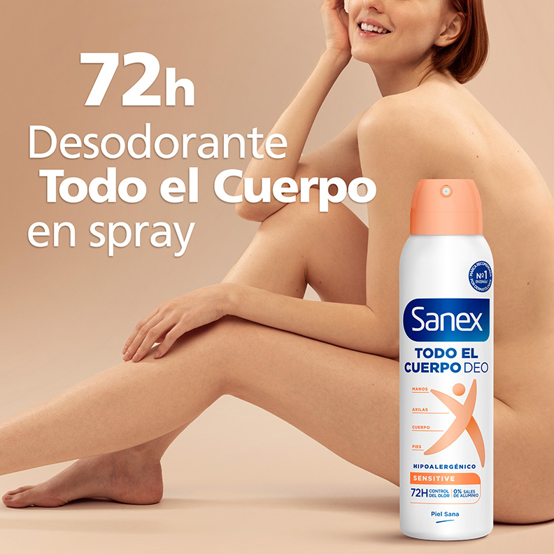 Sanex Desodorante Todo el Cuerpo en spray 72h hipoalergénico para manos, axilas y pies junto a una mujer sonriente.